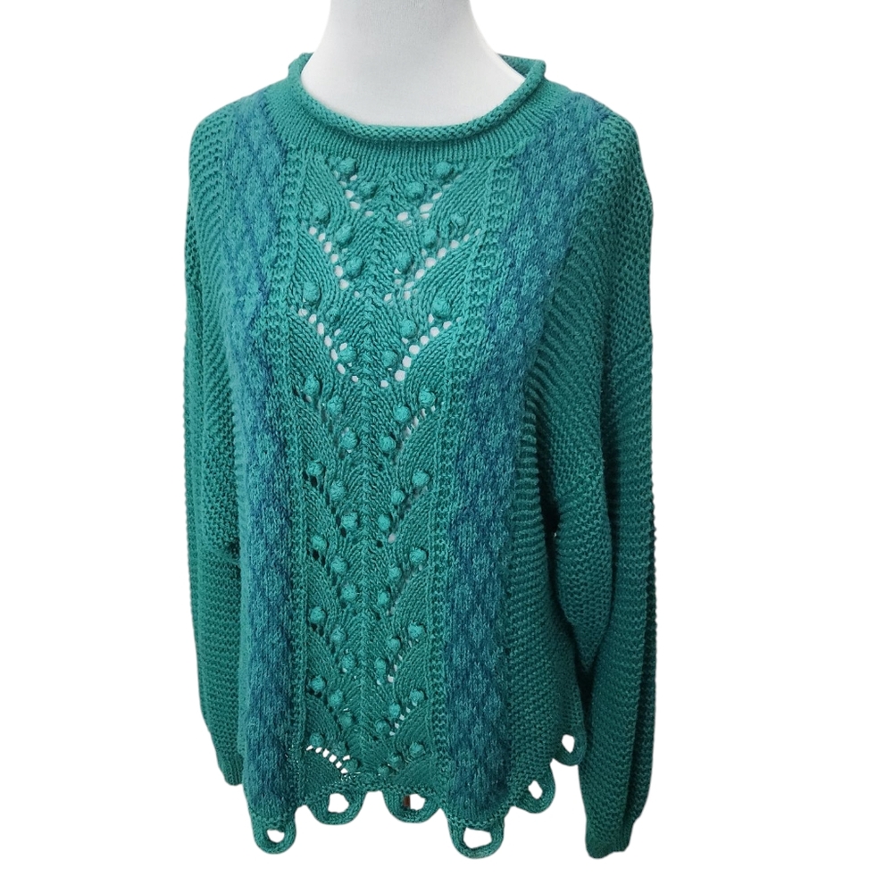 GENERRA‎ Green and Blue Cowl Neck Sweater with Intricate Knit